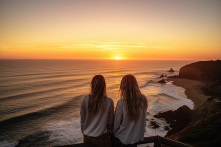 shot of two friends overlooking the ocean at sunsetの素材
