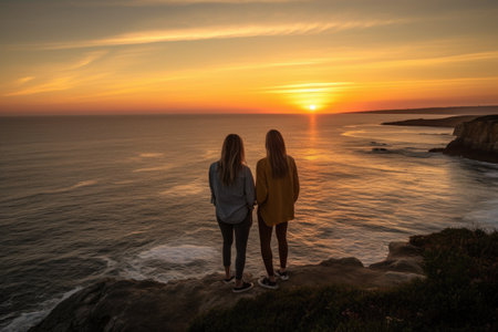 shot of two friends overlooking the ocean at sunsetの素材