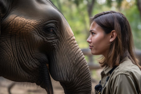 closeup of a female volunteer working at an elephant sanctuary in thailandの素材