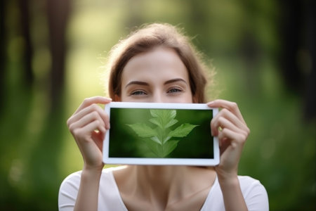 happy woman, tablet and face of a person in nature for eco friendly sustainabilityの素材