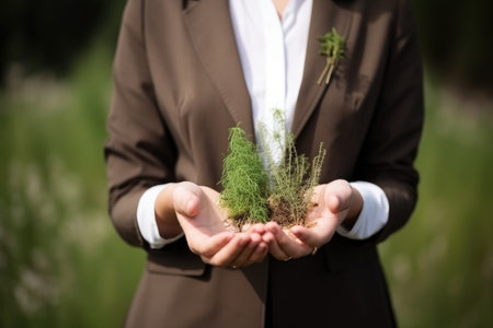 hands of businesswoman holding plants and natural resources for wellness outsideの素材