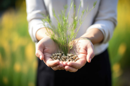 hands of businesswoman holding plants and natural resources for wellness outsideの素材