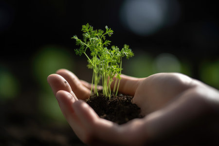 closeup shot of a person holding a seedlingの素材