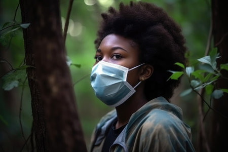 nature, portrait and medical mask on black woman in forest for safety or prevention of sicknessの素材