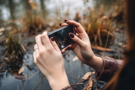 hands of woman working on mobile phone in nature taking a selfieの素材