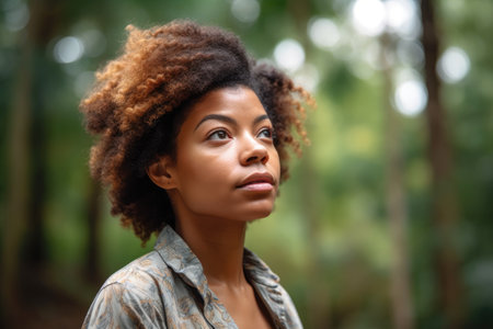 black woman, phone or portrait while outdoors for nature, eco or environmental newsの素材