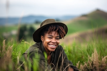 black woman, field and smile for environment sustainability in nature with mockupの素材