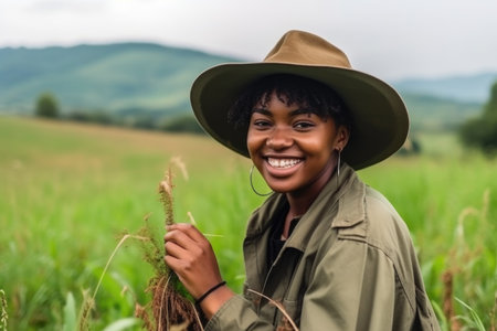 black woman, field and smile for environment sustainability in nature with mockupの素材