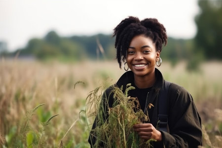 black woman, field and smile for environment sustainability in nature with mockupの素材