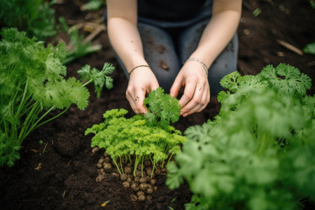 woman, hands in soil and gardening with natural environment to promote sustainabilityの素材