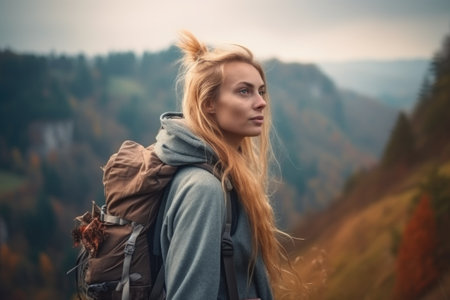 backpack, hiking and portrait of woman for travel adventure in nature with freedom mindsetの素材