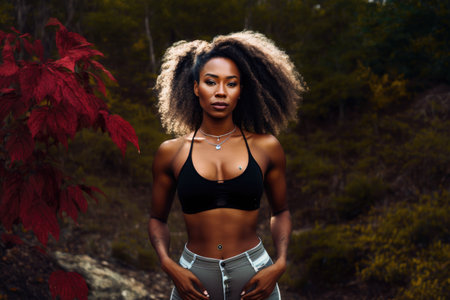 black woman, standing in nature with hands on her hips and smileの素材