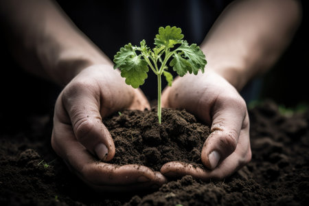 two hands holding a plant growing out of soilの素材