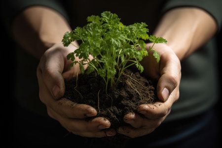 two hands holding a plant growing out of soilの素材