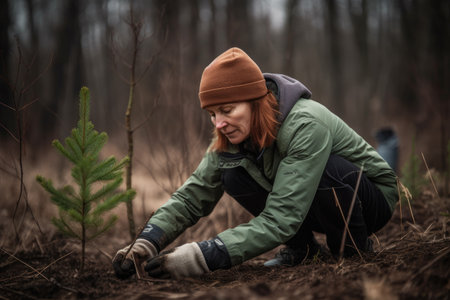 woman in the forest planting a treeの素材