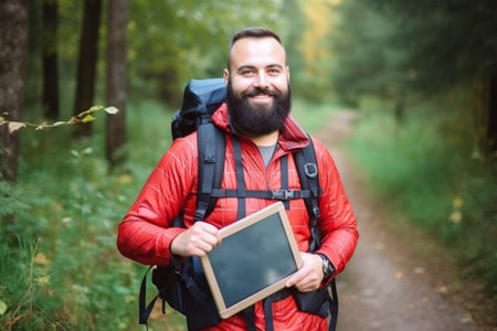 gps, tablet and man with smile for eco friendly travel or hiking in natureの素材