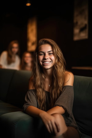 young woman smiling while sitting on a couch with her friendsの素材