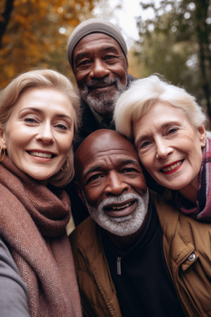 portrait of four community members taking a selfie together outsideの素材