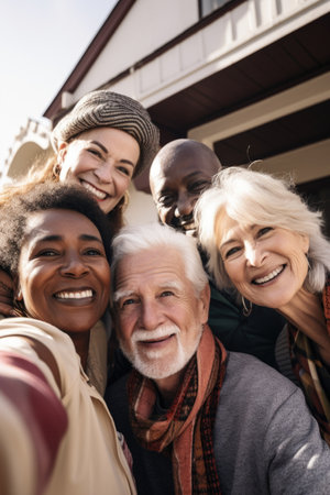 portrait of four community members taking a selfie together outsideの素材