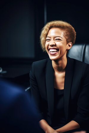 shot of a young woman laughing during an interviewの素材