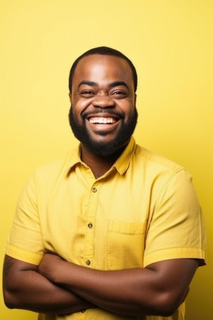 happy, smile and portrait of an african man on a yellow background in communityの素材