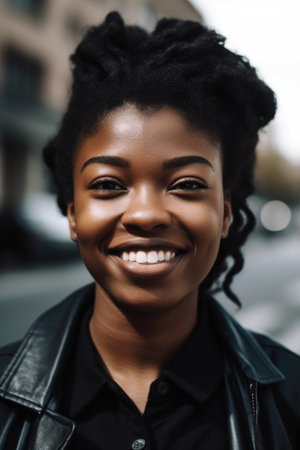 portrait of a smiling young woman on her way to workの素材