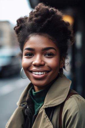 portrait of a smiling young woman on her way to workの素材