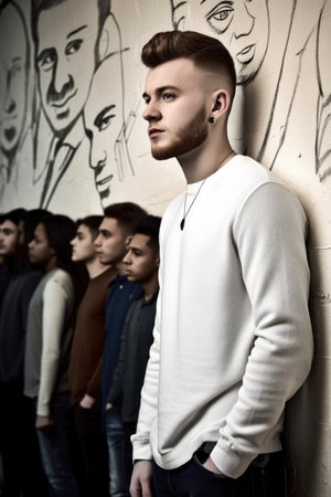 shot of a young man standing in front of an empty wall with people drawn on itの素材