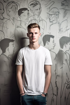 shot of a young man standing in front of an empty wall with people drawn on itの素材