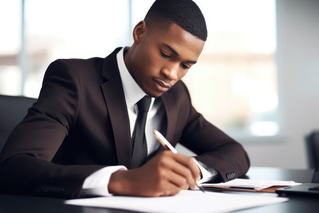 shot of a young businessman writing in his notebook at workの素材