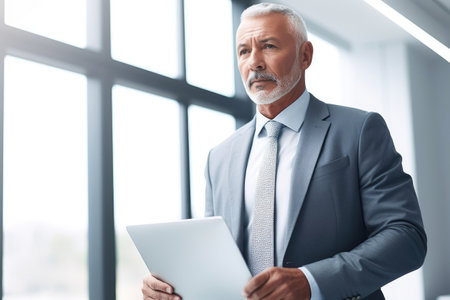 cropped shot of a mature businessman using a laptop while standing in an officeの素材