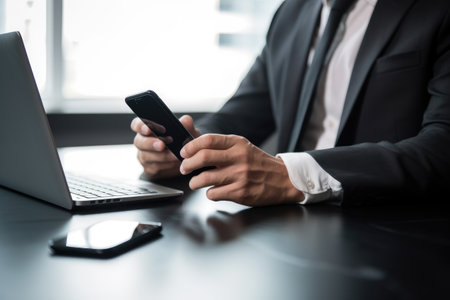 cropped shot of a businessman using his cellphone at an office deskの素材