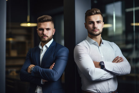 shot of two young men standing with their arms crossed in a building businessの素材