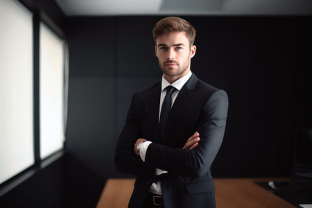 a confident young businessman standing in his officeの素材