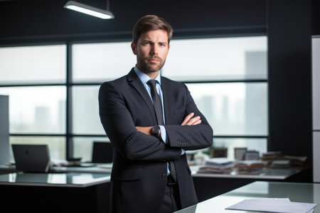 a confident young businessman standing in his officeの素材