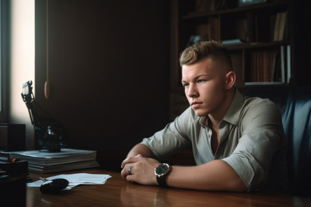 a young man sitting at a desk in his officeの素材