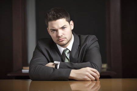 portrait of a young businessman leaning on his desk at workの素材