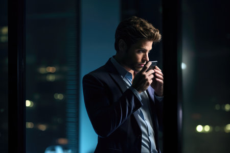 shot of a young businessman using a cellphone in an office at nightの素材