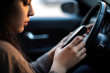 closeup shot of a woman using her cellphone while sitting in the front seat of a carの素材