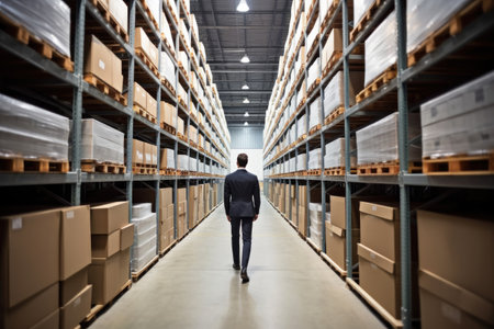 rearview shot of a young male businessman walking in a warehouseの素材