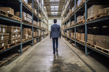 rearview shot of a young male businessman walking in a warehouseの素材