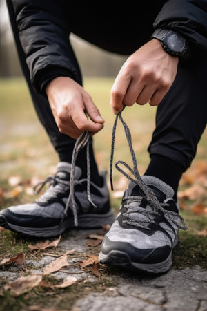 closeup shot of an unrecognizable man tying his shoelaces outdoorsの素材