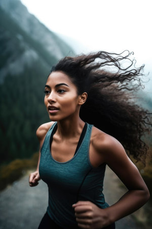 cropped shot of a sporty young woman out for a run up the mountainの素材