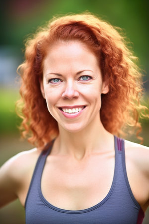 fitness, head and portrait of woman with smile for health, wellness or power pose outdoorsの素材