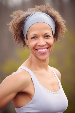 fitness, head and portrait of woman with smile for health, wellness or power pose outdoorsの素材