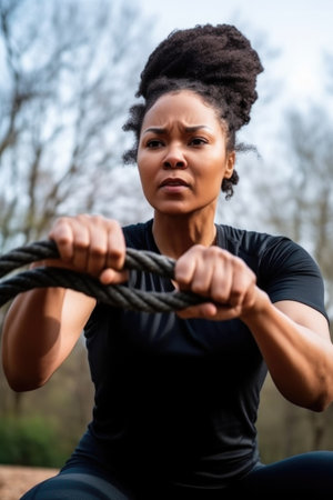 fitness, outdoor and black woman pull rope with determination to get strong, health or wellnessの素材