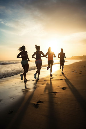 fitness, friends and women running on the beach for exercise, training or cardio workout run togetherの素材