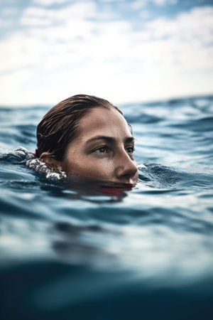 closeup of fit woman swimming in ocean during a workoutの素材