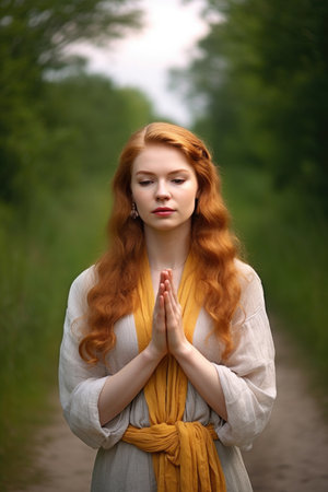 portrait of an attractive young woman standing on a trail with her hands in prayerの素材