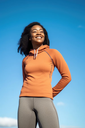 happy young african american woman standing against a blue sky while wearing activewearの素材
